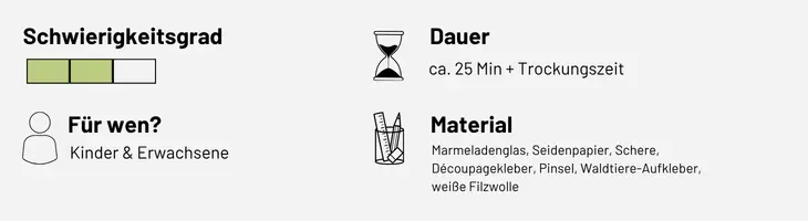 Infografik "Windlicht basteln" zu Schwierigkeitsgrad, Für wen, Dauer, Material