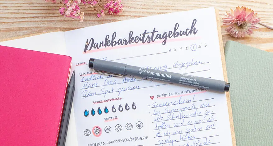 Auf einem rustikalen Holzbrett liegt ein Notizbuch von Hahnemühle aufgeschlagen. Auf der Seite ist der Titel „Dankbarkeitstagebuch“ zu lesen, darunter ist Text eingetragen. 