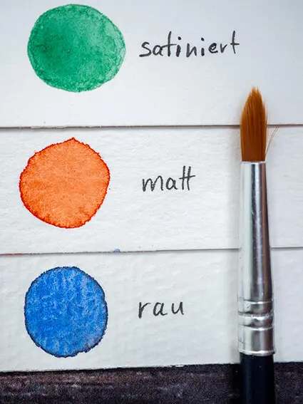 Auf einer dunklen Holzoberfläche liegen drei Aquarellpapiere von Hahnemühle übereinander. Daneben ein farbiger Aquarell-Punkt und die Beschriftung der unterschiedlichen Oberflächen: satiniert, matt, rau. Foto: Johanna Rundel