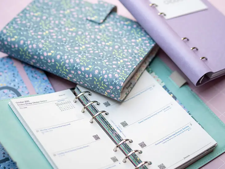 Verschiedene Planner und Notizbücher von Filofax liegen auf einem rosa Untergrund verstreut. Foto: Johanna Rundel