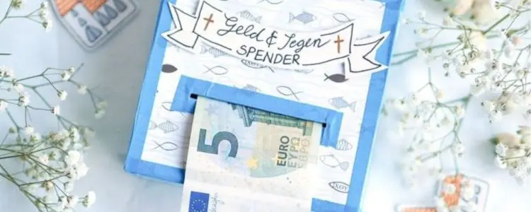 Eine selbstgebastelte "Gelddruckmaschine" als DIY-Geschenk zu Konfirmation oder Kommunion.