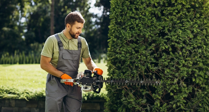 Ein Mann schneidet eine Hecke.