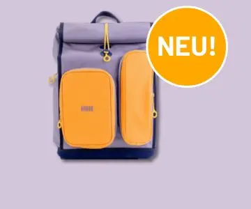 Schulranzen von KWIO vor lila Hintergrund und "Neu" Störer
