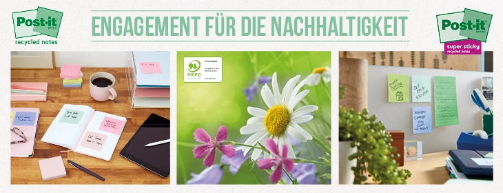 Das Bild zeigt Anwendungsabbildungen von Post-it® Recycling Notes. Das mittlere Bild zeigt Blumen auf einer Wiese mit integriertem PEFC™ Pikto.