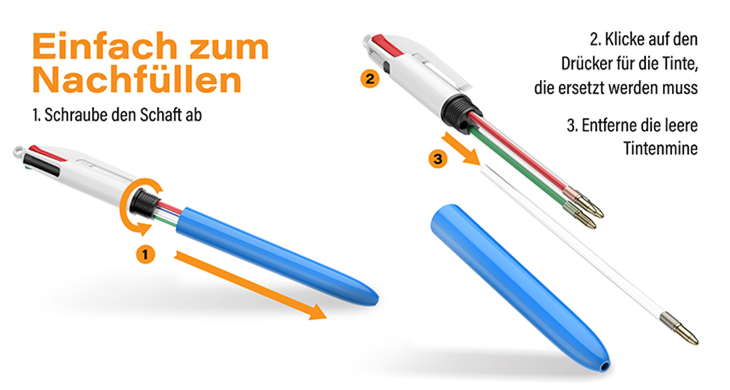 Schritt-für-Schritt-Anleitung zum Nachfüllen des BIC 4 Colours Kugelschreibers – einfaches Wechseln der Minen für nachhaltige Nutzung. 