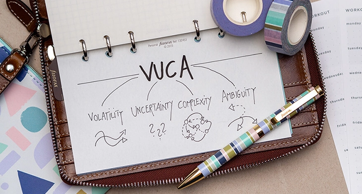 Ein aufgeschlagener brauner Lederplaner von Filofax. Auf dem Einlegblatt ist eine Infografik zum Thema VUCA-Welt mit einem Kugelschreiber mit pastellfarbenen Streifen gezeichnet worden. Foto: Johanna Rundel