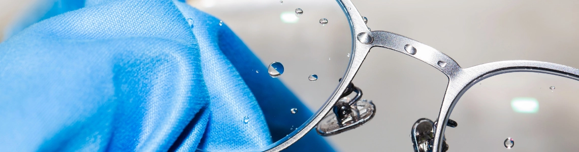 Brille wird mit blauem Mikrofasertuch gereinigt, Lichtreflexe im Hintergrund