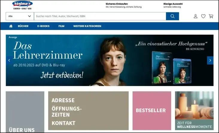 Screenshot des Bücher Onlineshops der Fa. Köglmayr