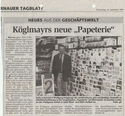 Ein Zeitungsausschnitt aus dem Jahr 1999 aus dem Murnauer Tagblatt zur Erweiterung des Geschäftes Köglmayr.