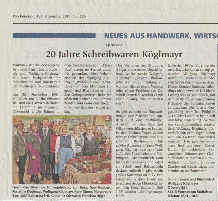 Ein Zeitungsartikel aus dem Jahr 2011 über die Renovierung der Köglmayr-Filiale in Murnau.