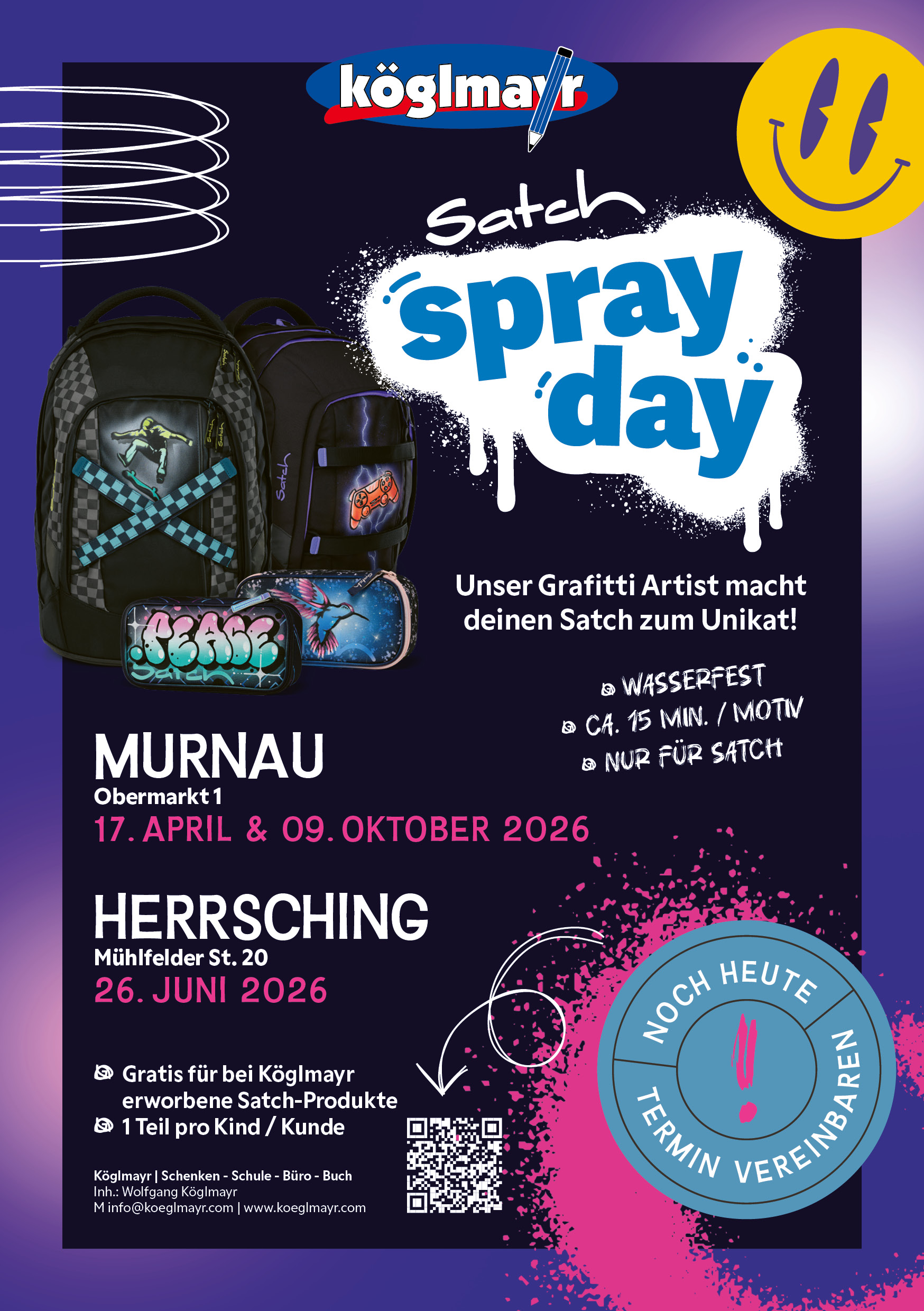 Plakat mit Terminen zu den satch spray days 2026 bei Köglmayr