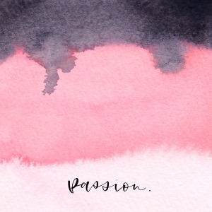 Aquarell in Rosa und Schwarz mit dem Schriftzug „passion.“ in Handschrift