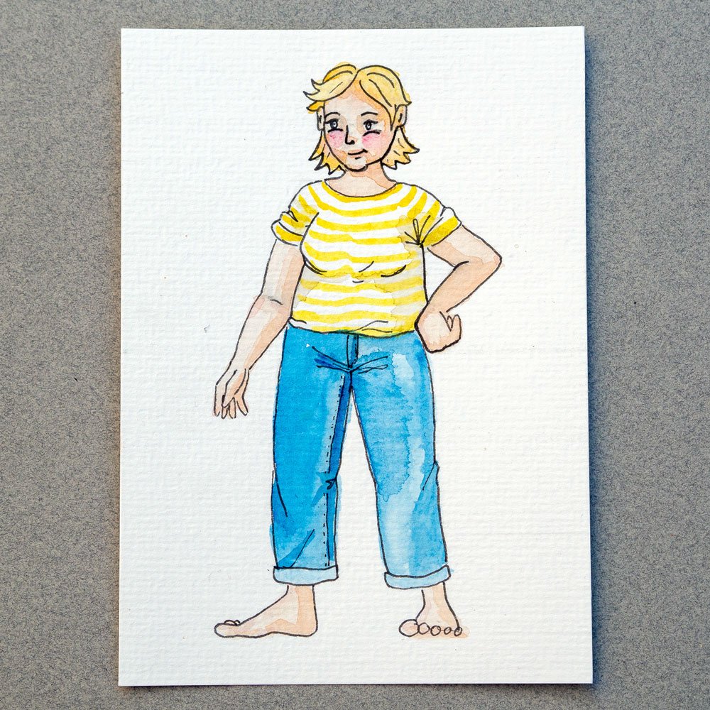 Mit Aquarellfarben ausgemalte Mini-Me Figur einer Frau