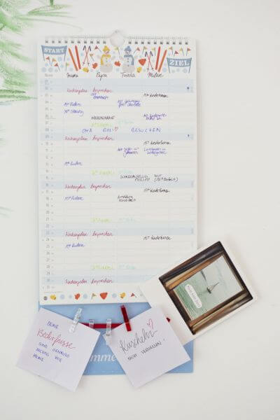 Ein beschrifteter FFamilienplaner von Heye hängt an einer Wand, im unteren Teil sind Notizen und kleine Mantrasprüche an Klammern befestigt.