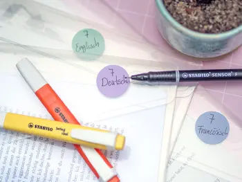 Auf einem Schreibtisch liegen drei Dokumentenmappen mit Arbeitsblättern. Darauf ein schwarzer Fineliner von STABILO mit dem die Mappen beschriftet wurden. Foto: Johanna Rundel