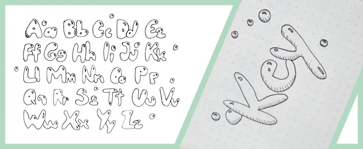 Grafik eines Handlettering-Alphabets im Stil von Seifenblasen
