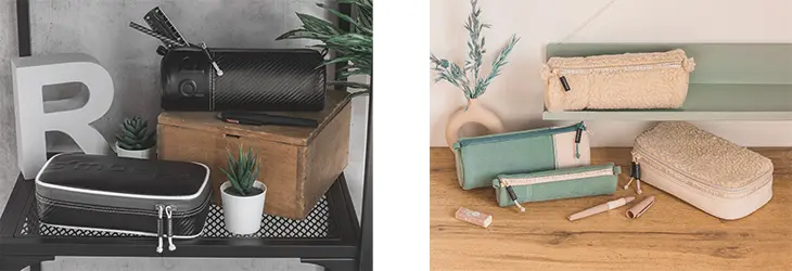 Links ein Bild von s‘maepp-Mäppchen von BRUNNEN in schwarz, recht ein Bild von s‘maepp-Mäppchen von Brunnen in mint und kork.