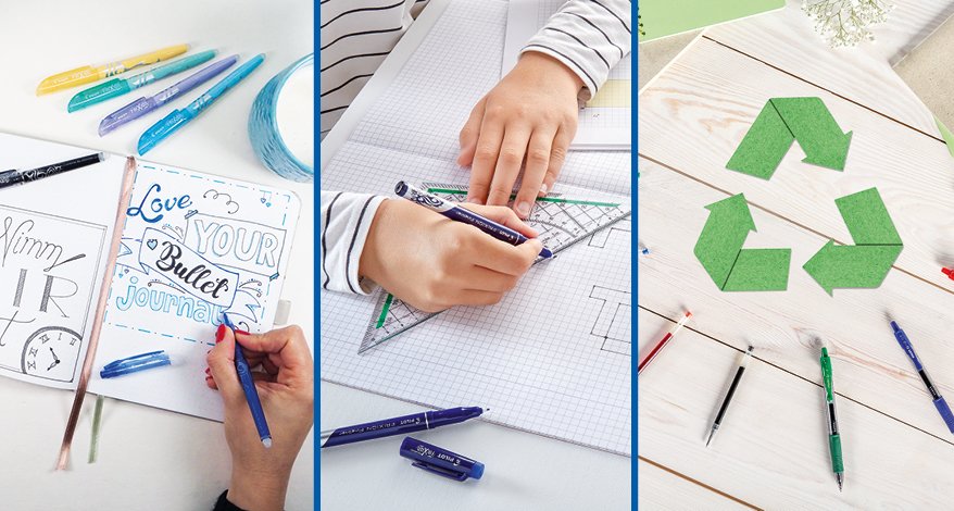 3-geteiltes Bild: rechts lettert jemand etwas in ein Bullet Journal, in der Mitte zeichnet ein Kind an einem Geometrie-Dreieck entlang, rechts Umweltzeichen uns Stifte