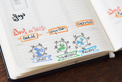 Auf einer Kalenderseite sind Wagenradgrafiken als Illustrationselemente eingefügt.