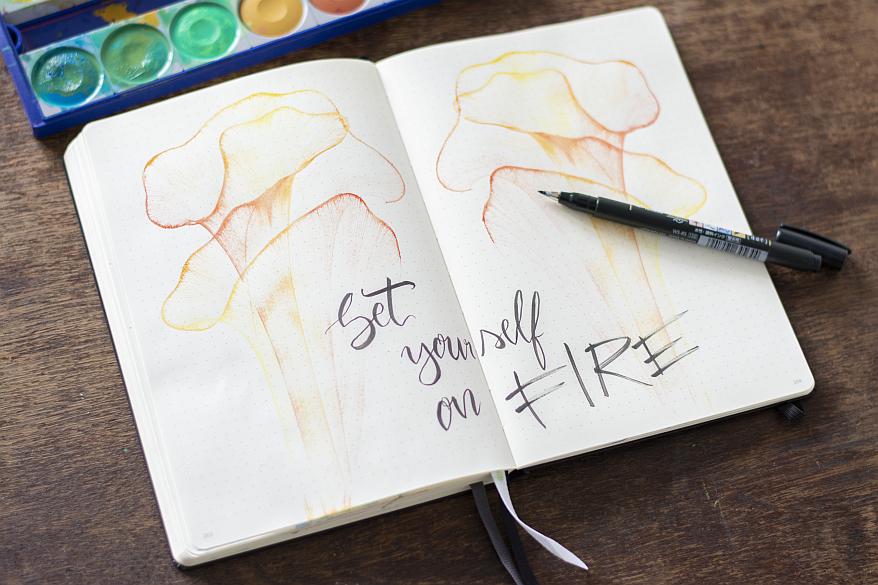 Auf einem Holztisch liegt ein aufgeschlagenes Notizbuch, auf beiden Seiiten ist mit der Pulet String Art Technik ein Muster mit gelb und orange gemacht. Darüber ist in Lettering-Schrift "Set yourself on fire" geschrieben. Ein schwarzer Fineliner liegt auf einer Notizbuchseite und ein Teil des Pelikan Farbkastens ist zu sehen.