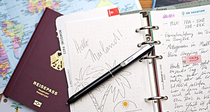 Ein Filofax Reisetagebuch liegt zwischen Landkarte und Reisepass. Foto: Johanna Rundel