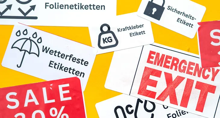 Verschiedene Folienetiketten von Avery Zweckform kleben auf einem gelben Untergrund. Foto: Johanna Rundel