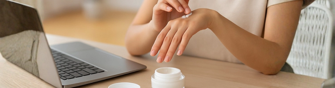 Frau cremt Hände am Schreibtisch im Büro ein.