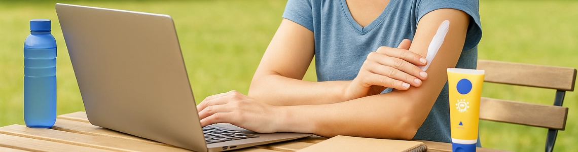 Frau arbeitet im Garten mit Laptop und trägt Sonnenschutz auf.