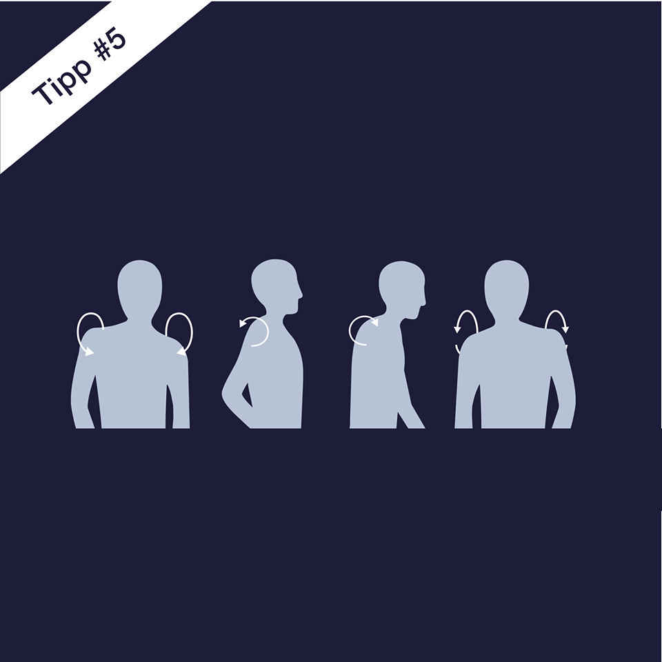 Skizze zeigt, wie man seine Schultern rollen sollte um Verspannungen vorzubeugen.