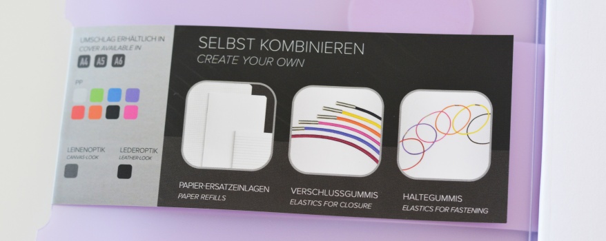 Auf dem Bild ist die Banderole eines  my.book flex von Herlitz zu sehen. Darauf sind neben den verschiedenen Einbandtypen, erhältlichen Farben und Größen auch die Vorteile des Systems erklärt. My flex.books lassen sich selbst kombinieren durch verschiedene Einlagen, Verschlussgummis sowie Haltegummis.