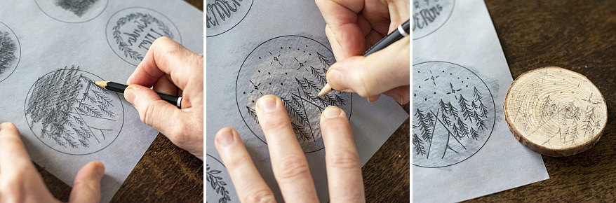 Zeichenvorlage mit Waldmotiv wird vom Transparentpapier auf runde Holzscheibe übertragen