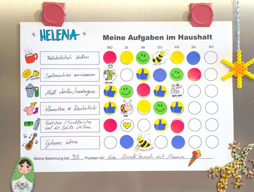 Ein Haushaltsplan von Helena mit Ihren Aufgaben im Haushalt für die ganze Woche. Die Belohnung wird festgelegt: meine Belohnung bei 35 Punkten ist ein Eiakaffeebesuch mit Mama.