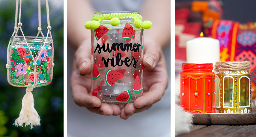 Collage von selbstgestalteten bunten Windlichtern