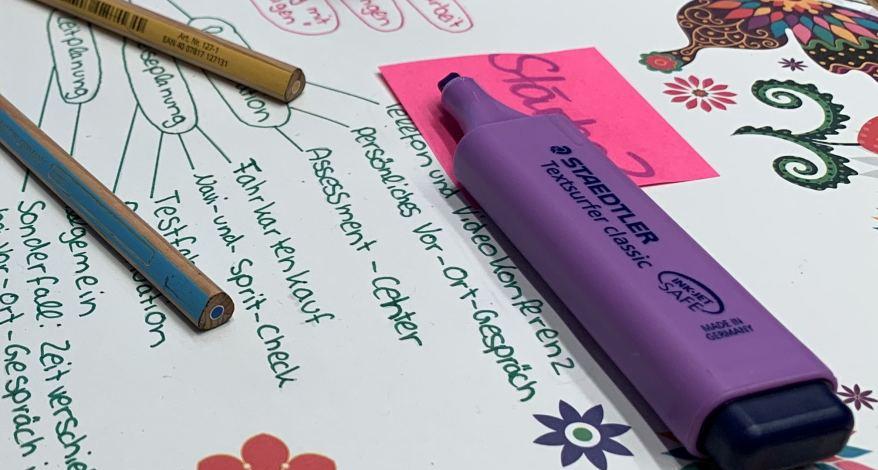 Lila Textmarker auf pinkem Zettel, der auf einer Mindmap aufgeklebt ist