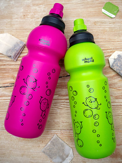 Auf einem Holzbrett liegen eine pinke und eine grüne Trinkflasche von School-Mood. Außerdem sind ein paar Teebeutel zu sehen. Foto: Johanna Rundel