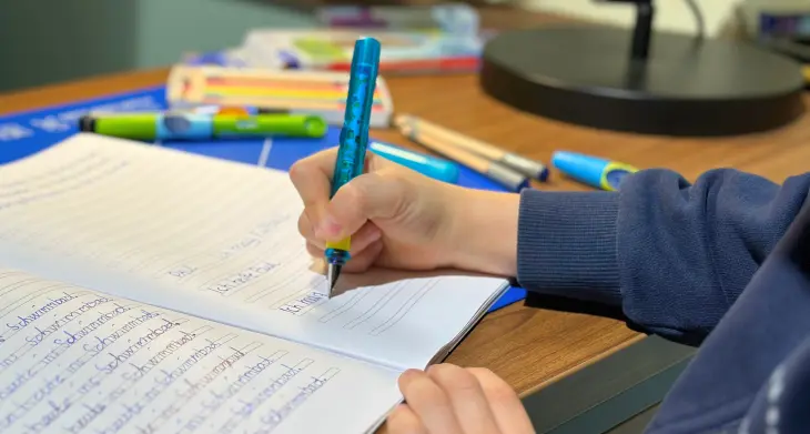 Eine Kinderhand schreibt mit dem Schreiblernfüller griffix von Pelikan in ein Schulheft