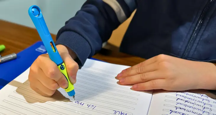 Ein Kind schreibt in Schulheft mit dem Schreiblernfüller Pelikan griffix