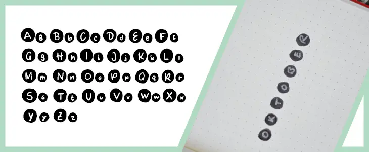 Handletteringalphabet mit weißen Druckbuchstaben in schwarzen Kreisen.