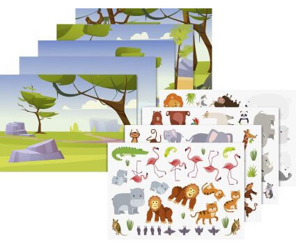 Produktbild des Rubbelsticker-Kartensets "Zootiere" der Marke Heyda. Man sieht aufgefächert Stickerbögen mit unterschiedlichen Tieren sowie verschiedene naturnahe Hintergründe, auf denen die Rubbelsticker aufgebracht werden können.