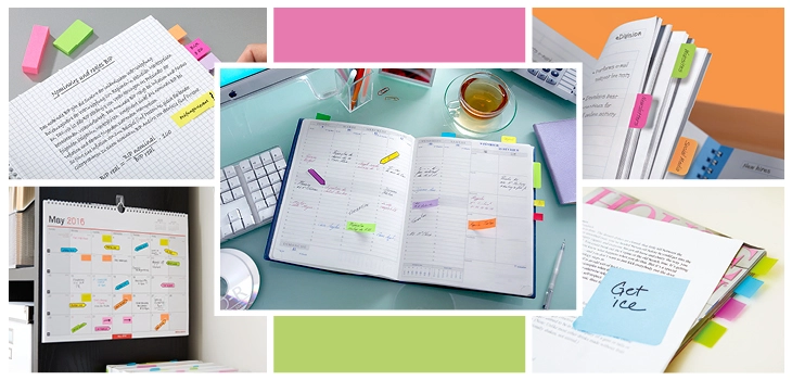 Verschiedene Anwendungsabbildungen der Post-it® Page Marker und Post-it® Index Haftstreifen in Dokumenten und auf Wandplanern. 
