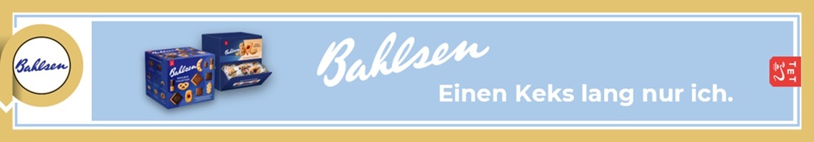 Auf blauem Hintergrund mit goldenen Rahmen sind Bahlsen Kekse.