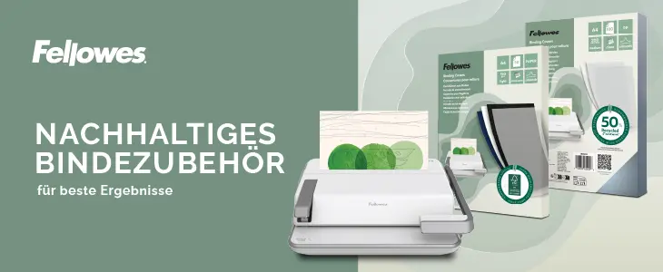Fellowes Bindegerät mit nachhaltigen Bindedeckblättern.