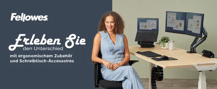 Frau am Arbeitsplatz mit ergonomischem Fellowes Zubehör.