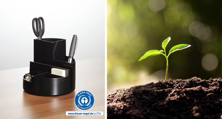 Blauer-Engel-zertifizierte MAUL-Produkte und Pflanzensymbol für Nachhaltigkeit.