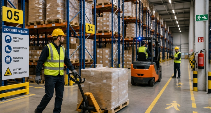 Mitarbeiter mit Warnwesten und Schutzhelmen arbeiten sicher in modernem Lager zwischen Hochregalen.