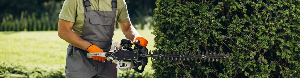 Gärtner mit Motorsense und Schutzhandschuhen schneidet Hecke im Garten.