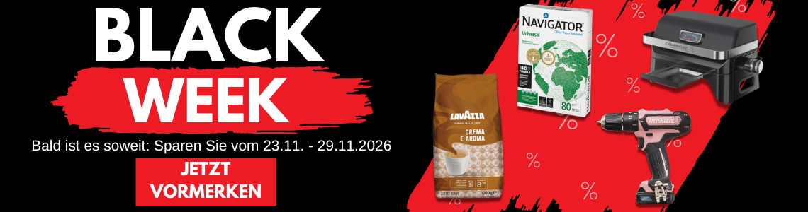 Auf schwarzem Hintergrund mit roten Streifen sind 4 Produkte abgebildet. Oben rechts steht "Black Week".