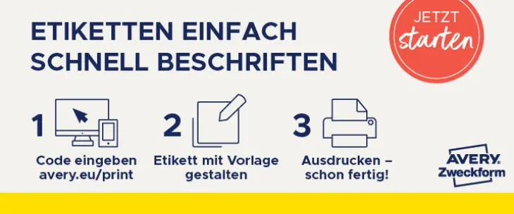 Werbebanner für die Software „Design and Print“ zum Etiketten gestalten von Avery Zweckform.