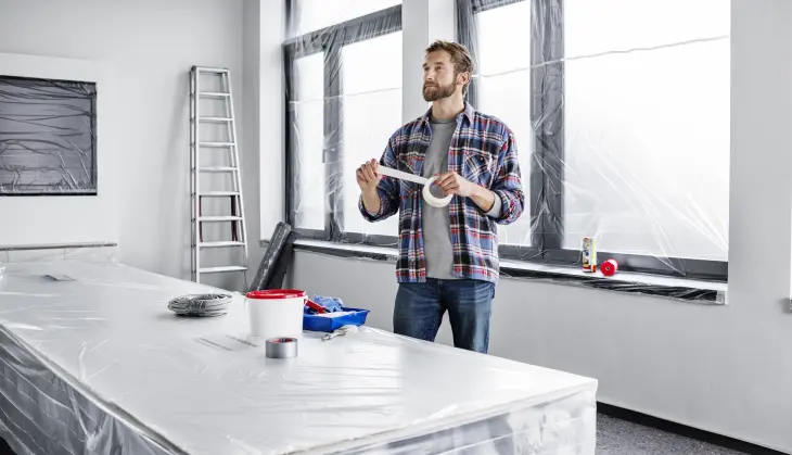Ein Mann in kariertem Hemd steht in einem Raum, der gerade renoviert wird. Er hält eine Rolle tesa Klebeband in der Hand. Die Fenster sind mit Plastikfolien abgedeckt, an der Wand lehnt eine Leiter. Im Raum steht ein Tisch mit Malerutensilien.