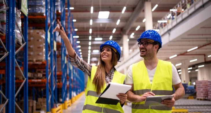 Zwei Lagerarbeiter mit gelben Warnwesten und Helmen inspizieren Regale in einem modernen Lager.
